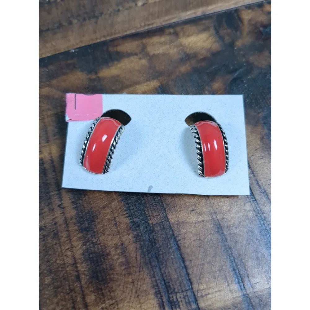 Silver Tone‎ & Red Enamel Beaded Necklace w Matching Clipon Earrings